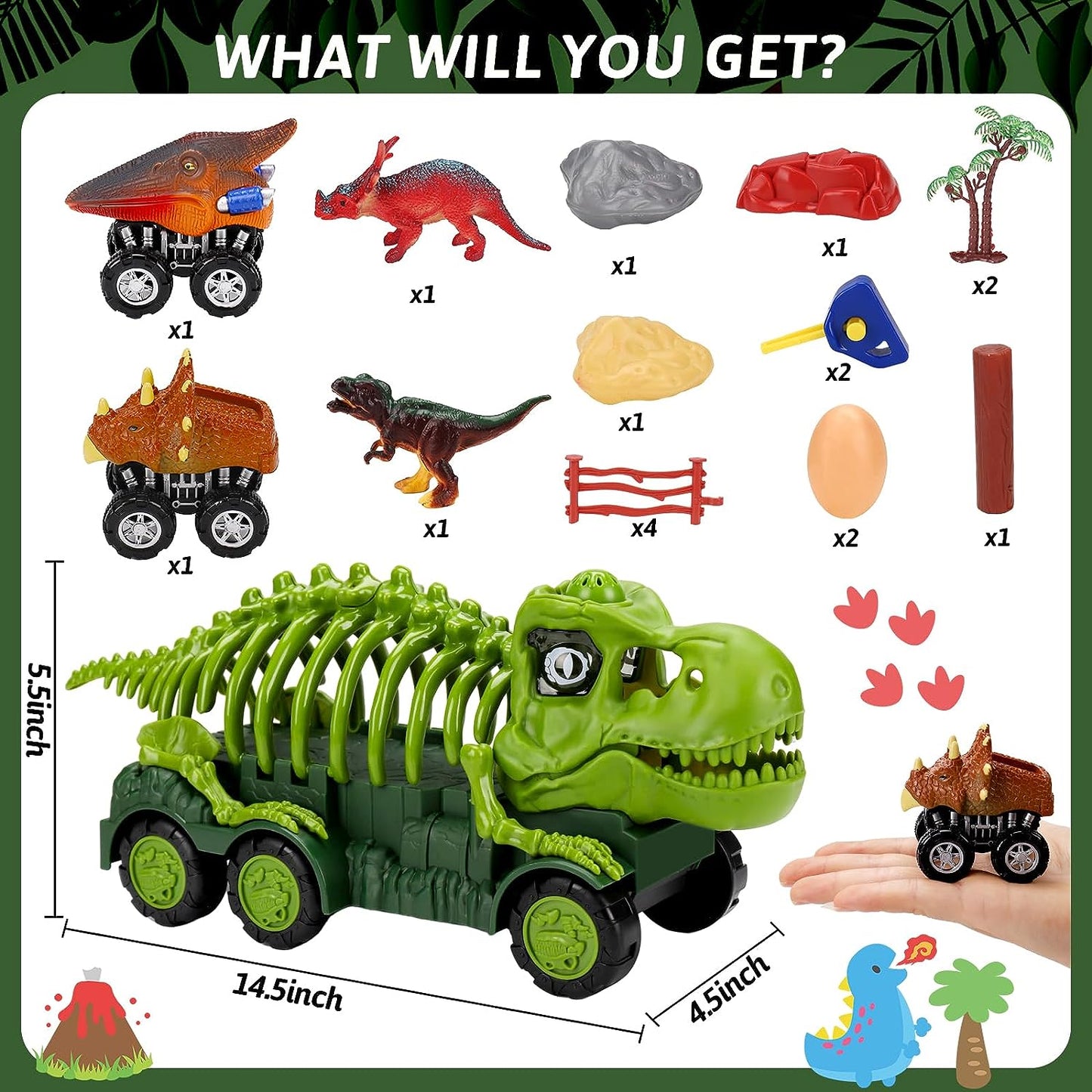 Dinosaur Trucks Toys with Sound Light, Dino Figure& Eggs Monster Truck Play Set