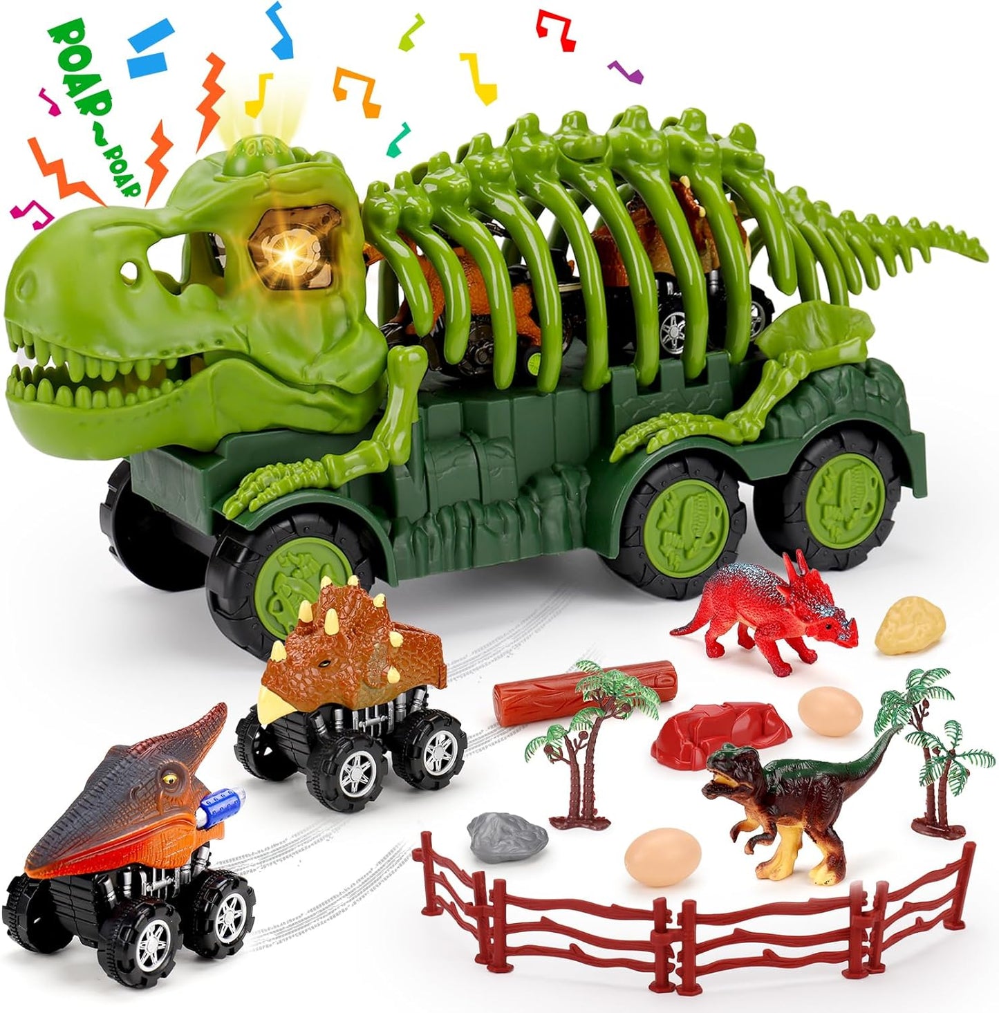 Dinosaur Trucks Toys with Sound Light, Dino Figure& Eggs Monster Truck Play Set