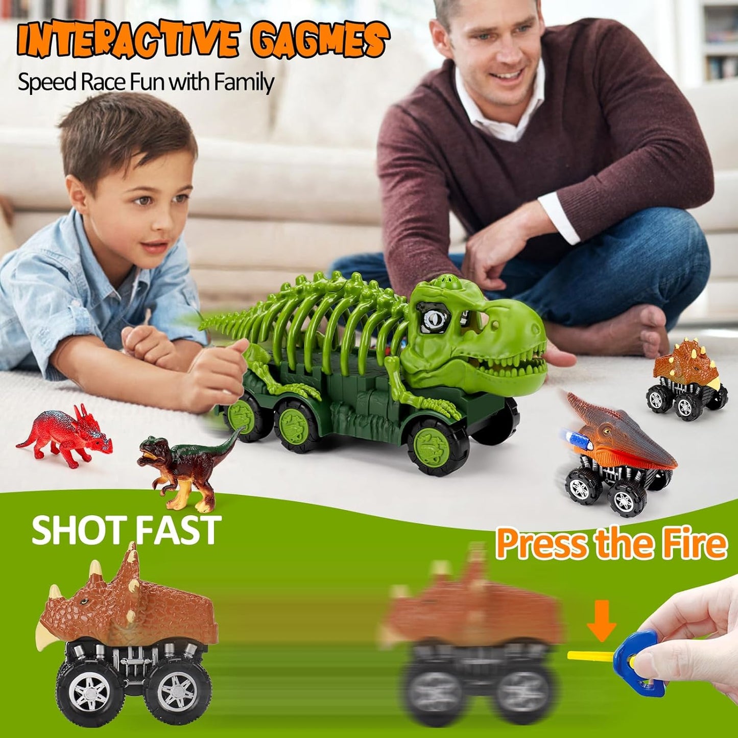 Dinosaur Trucks Toys with Sound Light, Dino Figure& Eggs Monster Truck Play Set