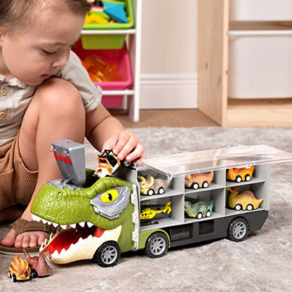 13 in 1 Dinosaur Truck for Kids, with 12 Pull Back Dinosaur Car Vehicles and Helicopter.