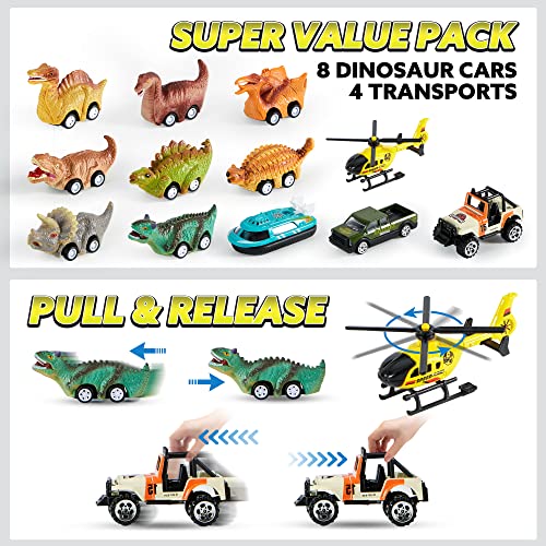 13 in 1 Dinosaur Truck for Kids, with 12 Pull Back Dinosaur Car Vehicles and Helicopter.