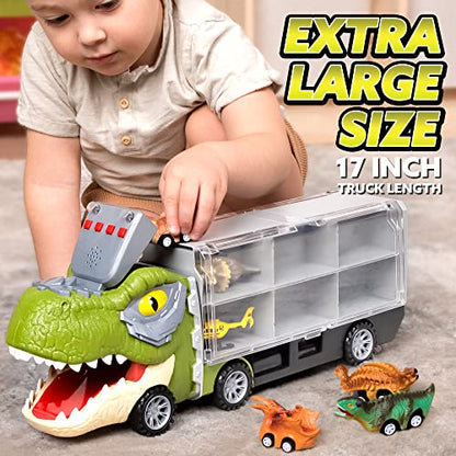 13 in 1 Dinosaur Truck for Kids, with 12 Pull Back Dinosaur Car Vehicles and Helicopter.