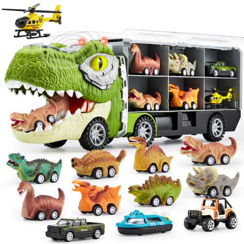 13 in 1 Dinosaur Truck for Kids, with 12 Pull Back Dinosaur Car Vehicles and Helicopter.