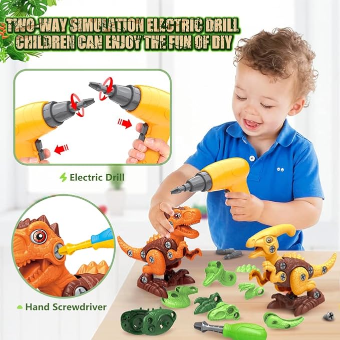 KAEGREEL Take Apart Dinosaur Toys for Kids, 4 Packs STEM Building Dinosaur Toys Construction Building Toy Set with Electric Drill