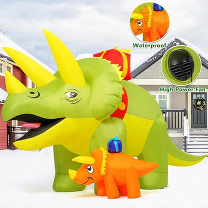 Christmas Inflatables Green Triceratops Dinosaur with Baby Dino Carry Gift Box