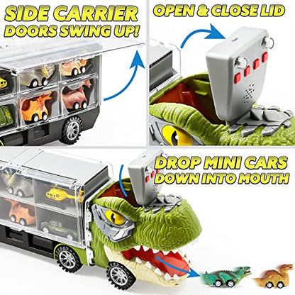 13 in 1 Dinosaur Truck for Kids, with 12 Pull Back Dinosaur Car Vehicles and Helicopter.