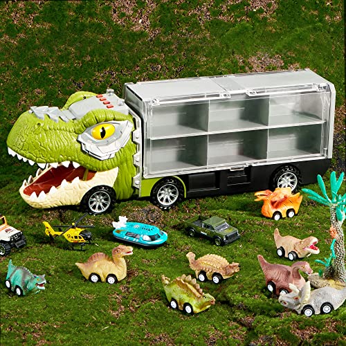 13 in 1 Dinosaur Truck for Kids, with 12 Pull Back Dinosaur Car Vehicles and Helicopter.