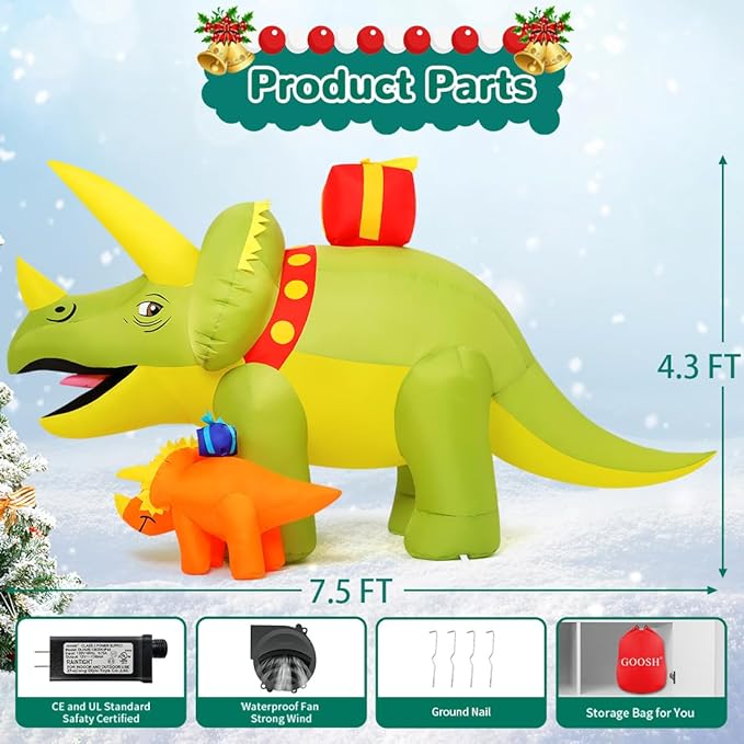 Christmas Inflatables Green Triceratops Dinosaur with Baby Dino Carry Gift Box