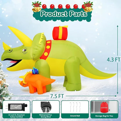 Christmas Inflatables Green Triceratops Dinosaur with Baby Dino Carry Gift Box