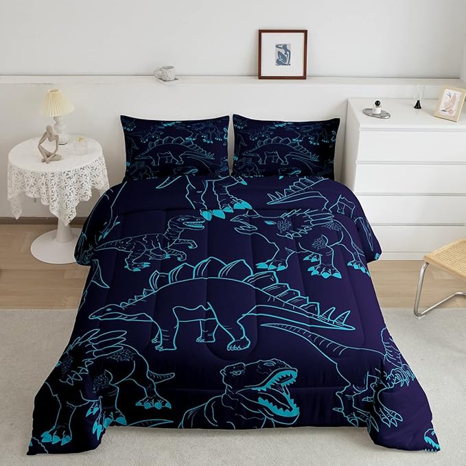 Dinosaur Kids Comforter Set 3D Digital Print Bedding Set Decor Cute Dinosaur Printed Comforter Theme Blue Duvet Set Bedroom 3 Piecs