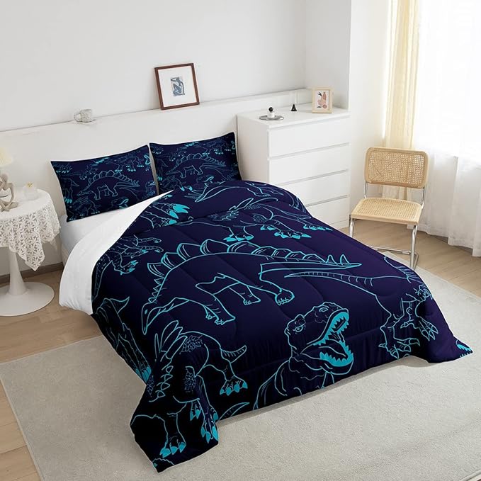 Dinosaur Kids Comforter Set 3D Digital Print Bedding Set Decor Cute Dinosaur Printed Comforter Theme Blue Duvet Set Bedroom 3 Piecs