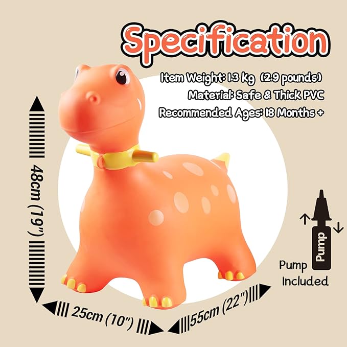 Bouncy Hopper, Inflatable Dinosaur Toys for Kids - Pump Included (Orange)