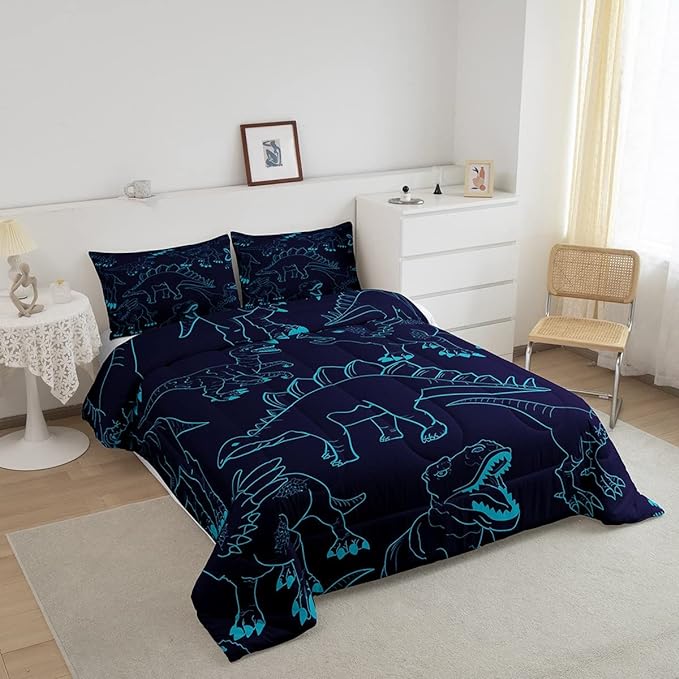 Dinosaur Kids Comforter Set 3D Digital Print Bedding Set Decor Cute Dinosaur Printed Comforter Theme Blue Duvet Set Bedroom 3 Piecs