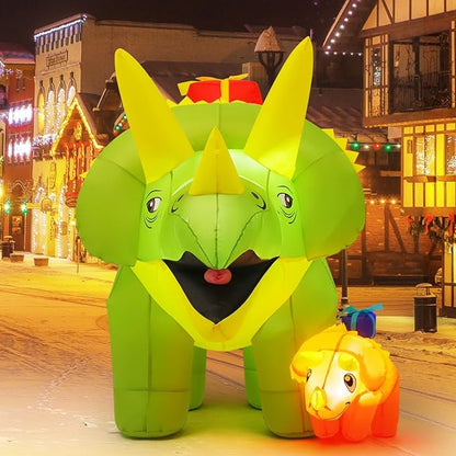 Christmas Inflatables Green Triceratops Dinosaur with Baby Dino Carry Gift Box