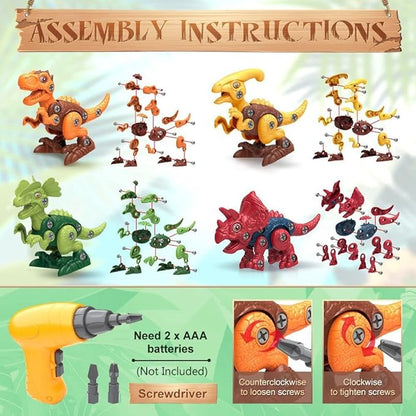 KAEGREEL Take Apart Dinosaur Toys for Kids, 4 Packs STEM Building Dinosaur Toys Construction Building Toy Set with Electric Drill