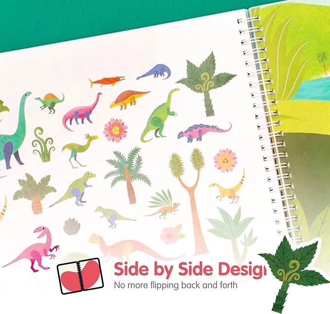 Dinosaur Book for Kids 3-5: Side by Side Dinosaur Books for Kids 3-5 with 500+ Dinosaur Stickers with +12 Scenes - Spiral Binding Keeps The Dinosaur Sticker Book