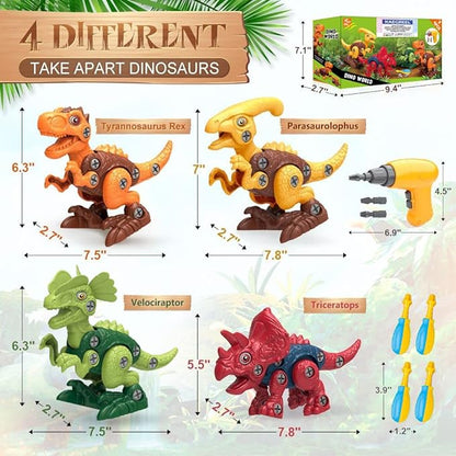 KAEGREEL Take Apart Dinosaur Toys for Kids, 4 Packs STEM Building Dinosaur Toys Construction Building Toy Set with Electric Drill