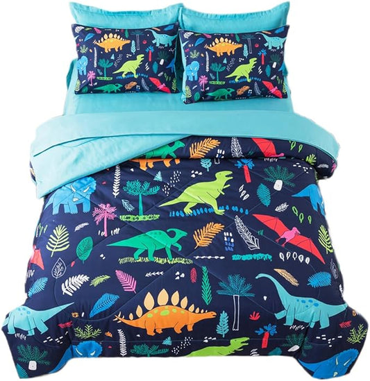 Dinosaur Bedding Full Size for Boys 7 Piece Kids Boy Comforter Full Size 3D Cartoon Blue Jungle Print Bedding Set with Blue Sheets