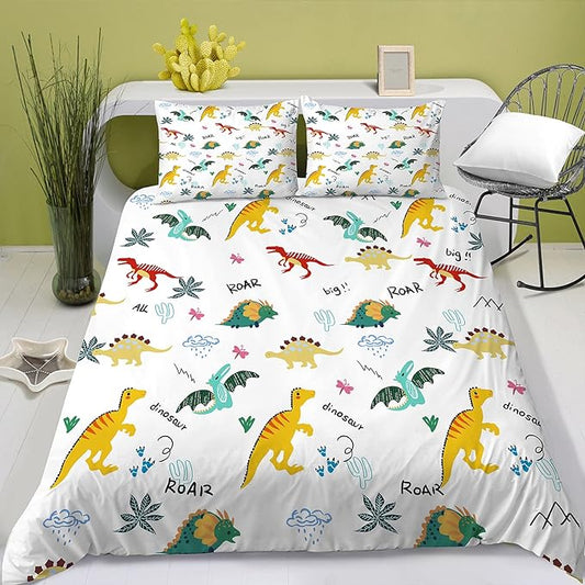 Colorful Dinosaur Bedding Set Full Size Kids Duvet Cover Cartoon Jurassic Animal Cute Dinosaur Decor Comforter Cover 3 Pieces with 2 Pillowcases