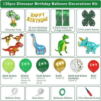 Dinosaur Birthday Party Decorations, 120pcs Dinosaur Balloons Garland with 3D Jurassic World Dinosaur Balloons, Happy Birthday Balloons for Dino Themed Party Decorations