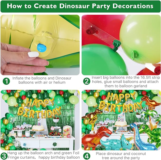 Dinosaur Birthday Party Decorations, 120pcs Dinosaur Balloons Garland with 3D Jurassic World Dinosaur Balloons, Happy Birthday Balloons for Dino Themed Party Decorations