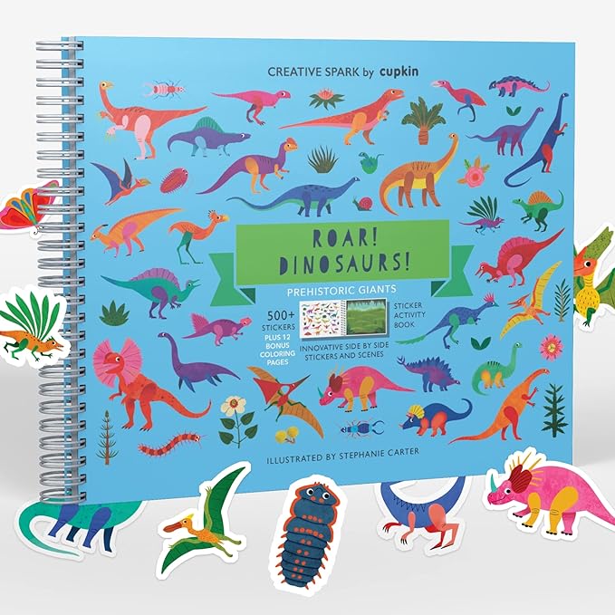 Dinosaur Book for Kids 3-5: Side by Side Dinosaur Books for Kids 3-5 with 500+ Dinosaur Stickers with +12 Scenes - Spiral Binding Keeps The Dinosaur Sticker Book