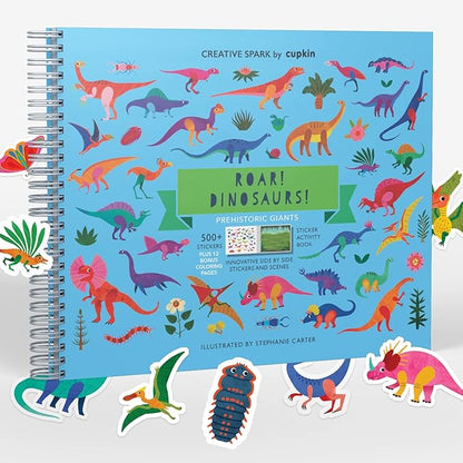 Dinosaur Book for Kids 3-5: Side by Side Dinosaur Books for Kids 3-5 with 500+ Dinosaur Stickers with +12 Scenes - Spiral Binding Keeps The Dinosaur Sticker Book