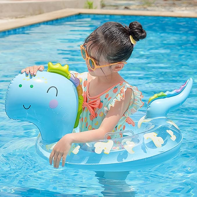 Dinosaur Swimming Ring Floats, Inflatable Dinosaur Child Pool Float with Safety Seat, Water Swim Ring Ride On Party Toys