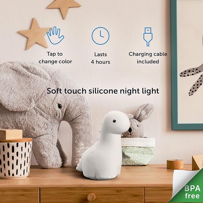 Globe Electric 13319 Brontosaurus Multicolor Changing LED Integrated Rechargeable Silicone Night Light, Table Lamp, Tap Light, White, Reading Light, Home Essentials, Bedroom, Nightstands, Room Décor