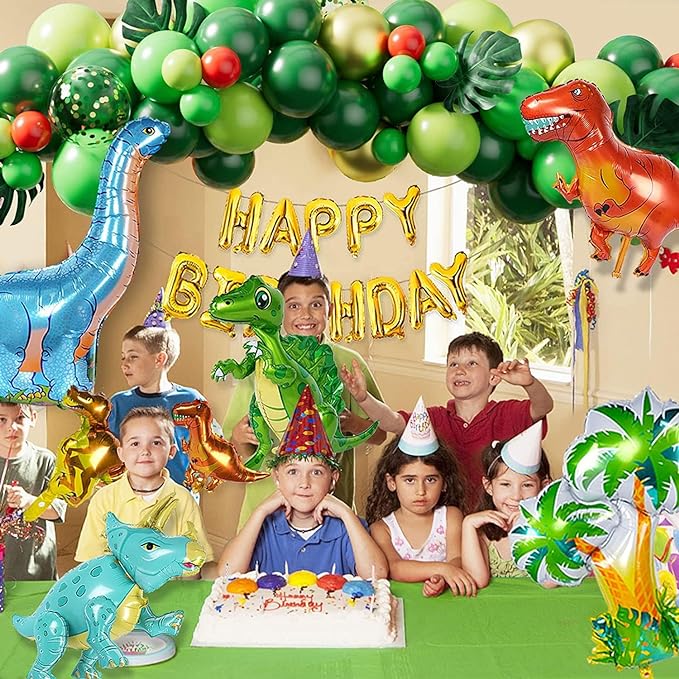 Dinosaur Birthday Party Decorations, 120pcs Dinosaur Balloons Garland with 3D Jurassic World Dinosaur Balloons, Happy Birthday Balloons for Dino Themed Party Decorations