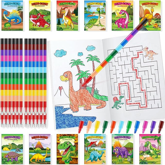 24 Pieces Dinosaur Mini Coloring Books Party Favors with 24 Stacking Crayons