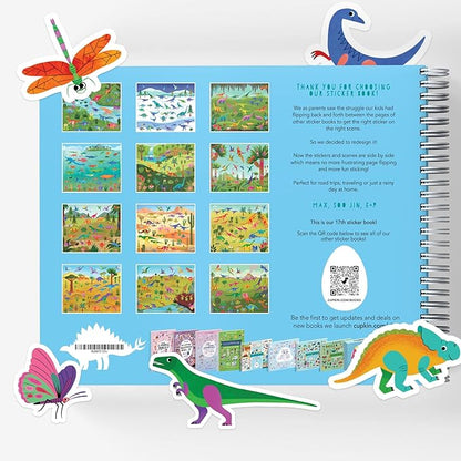 Dinosaur Book for Kids 3-5: Side by Side Dinosaur Books for Kids 3-5 with 500+ Dinosaur Stickers with +12 Scenes - Spiral Binding Keeps The Dinosaur Sticker Book