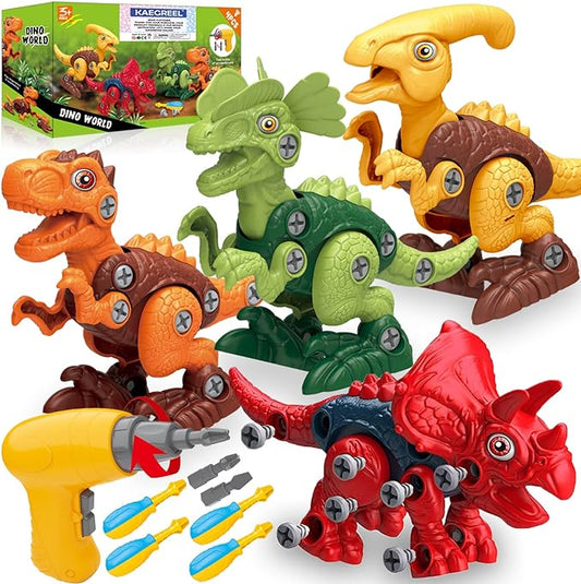 KAEGREEL Take Apart Dinosaur Toys for Kids, 4 Packs STEM Building Dinosaur Toys Construction Building Toy Set with Electric Drill