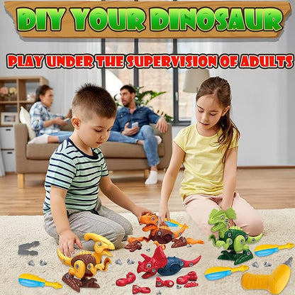 KAEGREEL Take Apart Dinosaur Toys for Kids, 4 Packs STEM Building Dinosaur Toys Construction Building Toy Set with Electric Drill