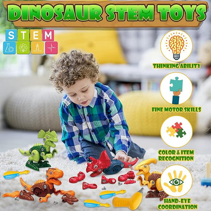 KAEGREEL Take Apart Dinosaur Toys for Kids, 4 Packs STEM Building Dinosaur Toys Construction Building Toy Set with Electric Drill