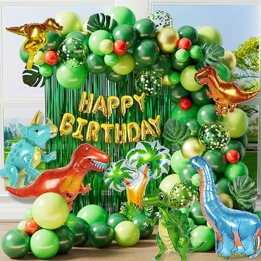 Dinosaur Birthday Party Decorations, 120pcs Dinosaur Balloons Garland with 3D Jurassic World Dinosaur Balloons, Happy Birthday Balloons for Dino Themed Party Decorations