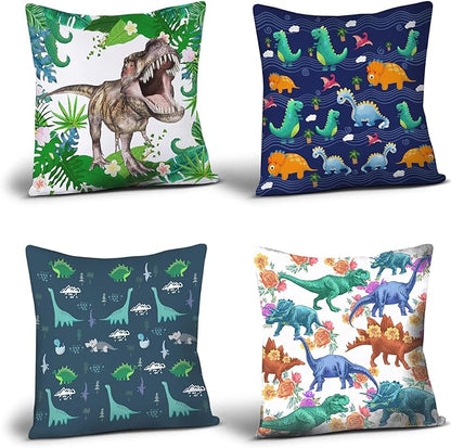 Dinosaur Pillow Covers 18x18in Set of 4 Dinosaur Throw Pillows Soft Square Couch Pillow Decorative Covers (18 x18inch, Dinosaur-1)