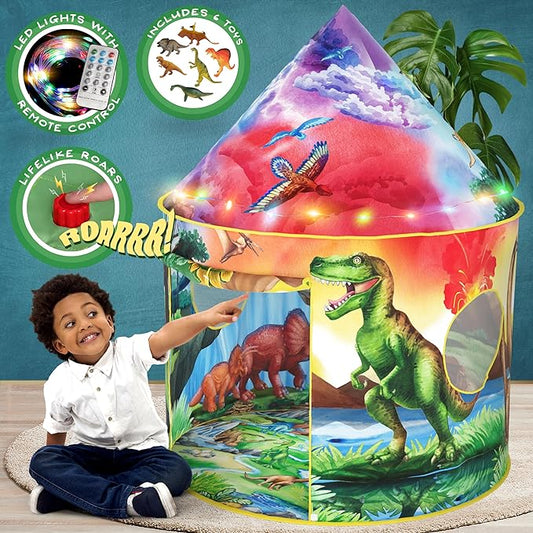 Dinosaur Discovery Kids Tent with LED Lights, Roar Button and 6 Dino Toys an Extraordinary Dinosaur Tent, Pop Up Tent for Kids