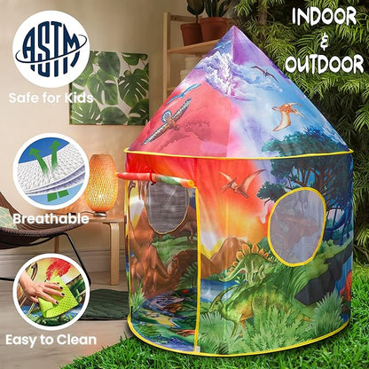 Dinosaur Discovery Kids Tent with LED Lights, Roar Button and 6 Dino Toys an Extraordinary Dinosaur Tent, Pop Up Tent for Kids